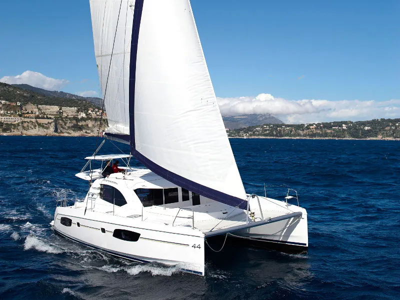 Exterior view of Shangri-La, a Leopard 44 catamaran at Marmaris, Turkey