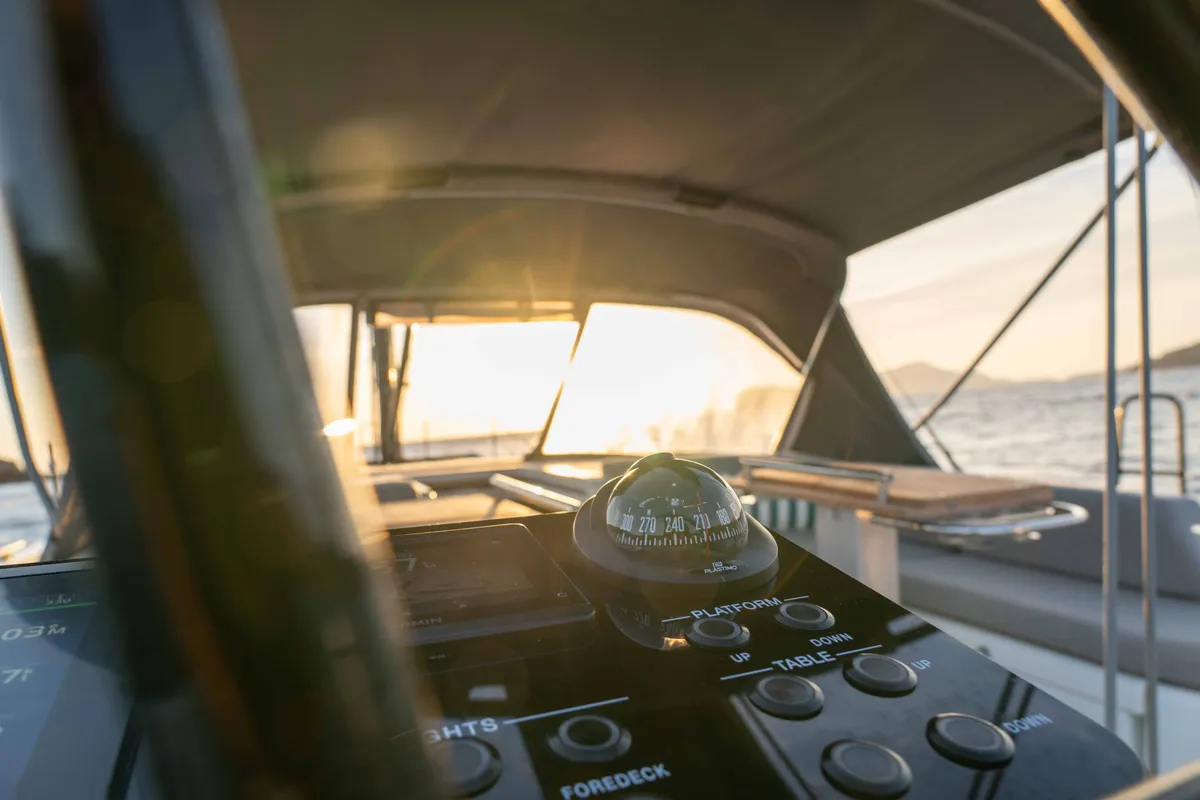 Cockpit of Titanium Star, a Beneteau First Yacht 53 sailboat at Lavrion, Greece