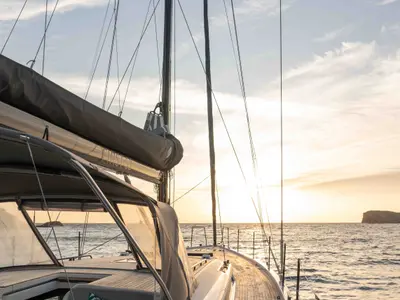 Deck of Titanium Star, a Beneteau First Yacht 53 sailboat at Lavrion, Greece