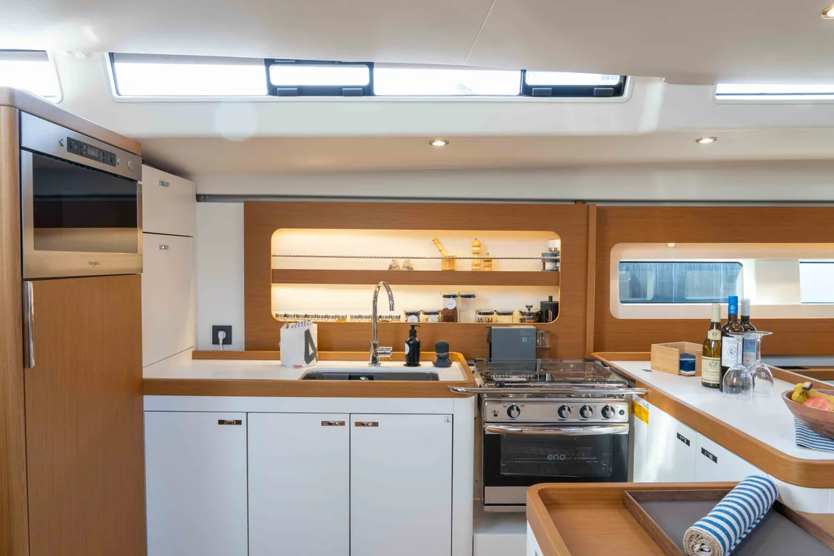 Galley of Titanium Star, a Beneteau First Yacht 53 sailboat at Lavrion, Greece