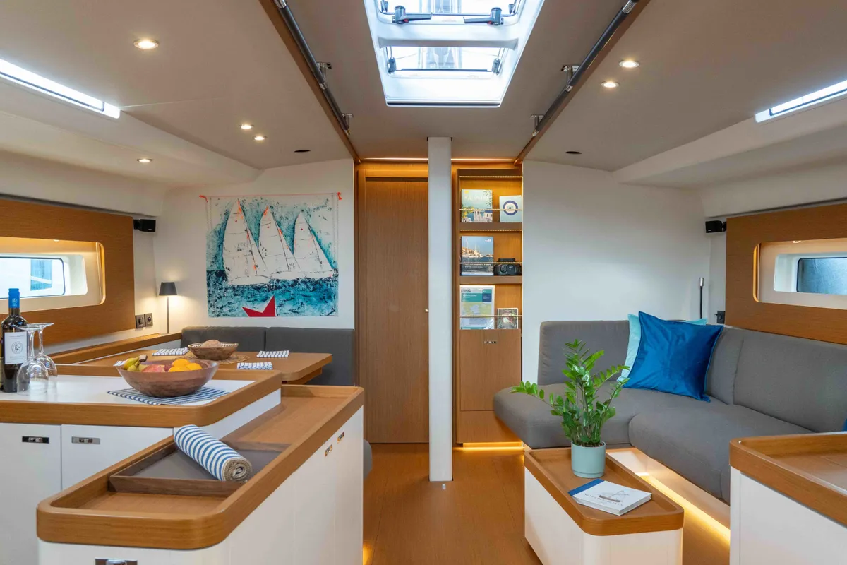 Salon of Titanium Star, a Beneteau First Yacht 53 sailboat at Lavrion, Greece
