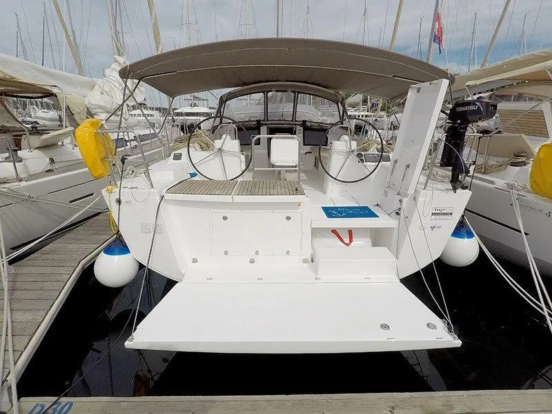 Deck of Private dancer II, a Dufour 460 GL sailboat at Grad Šibenik, Croatia