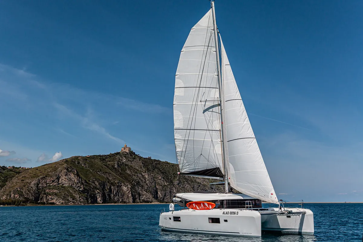 Exterior view of Almalù, a Lagoon 42 catamaran at Tonnarella, Italy