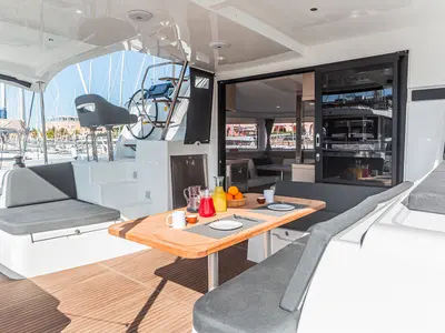 Cockpit of Almalù, a Lagoon 42 catamaran at Tonnarella, Italy