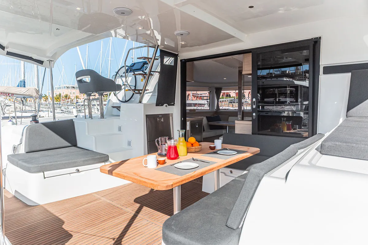 Cockpit of Almalù, a Lagoon 42 catamaran at Tonnarella, Italy