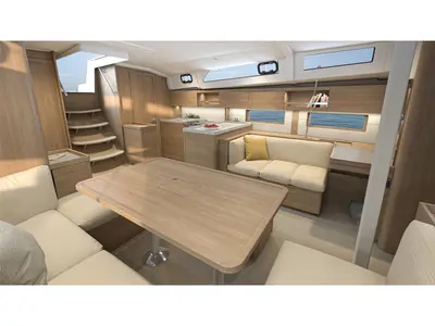 Salon of OFFLINE, a Beneteau Oceanis 47 sailboat at Athens, Greece