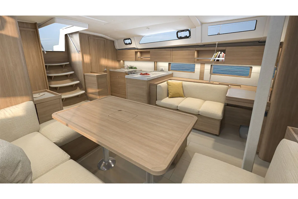 Salon of OFFLINE, a Beneteau Oceanis 47 sailboat at Athens, Greece