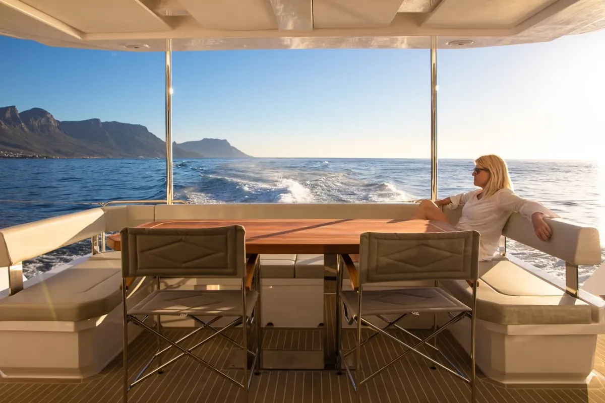 Deck of Premium, a Leopard 46PC catamaran at Cogolin, France