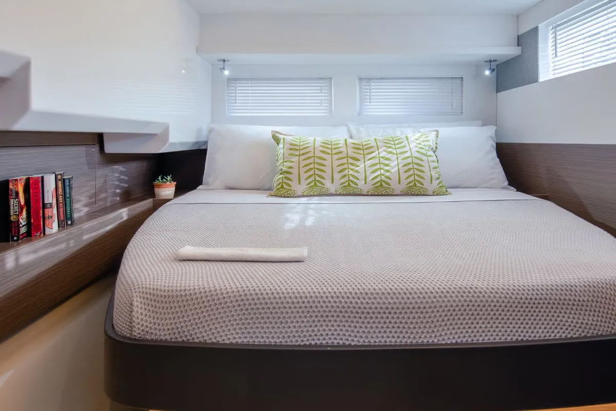 Cabin on Premium, a Leopard 46PC catamaran at Cogolin, France