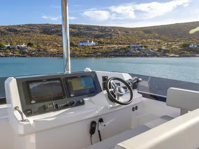 Cockpit of Premium, a Leopard 46PC catamaran at Cogolin, France