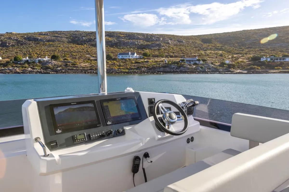 Cockpit of Premium, a Leopard 46PC catamaran at Cogolin, France