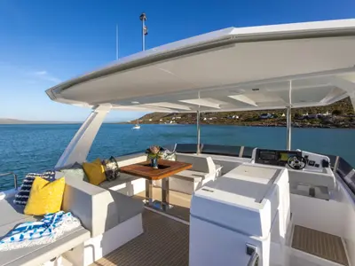 Deck of Premium, a Leopard 46PC catamaran at Cogolin, France