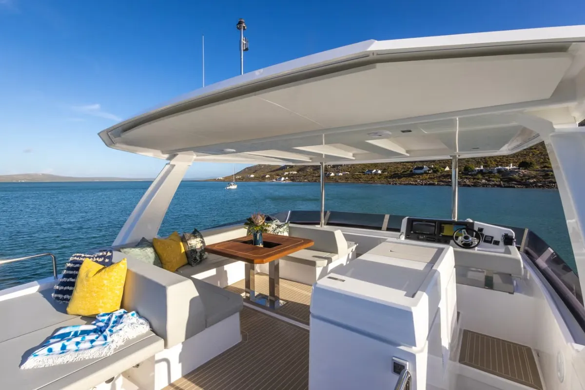 Deck of Premium, a Leopard 46PC catamaran at Cogolin, France