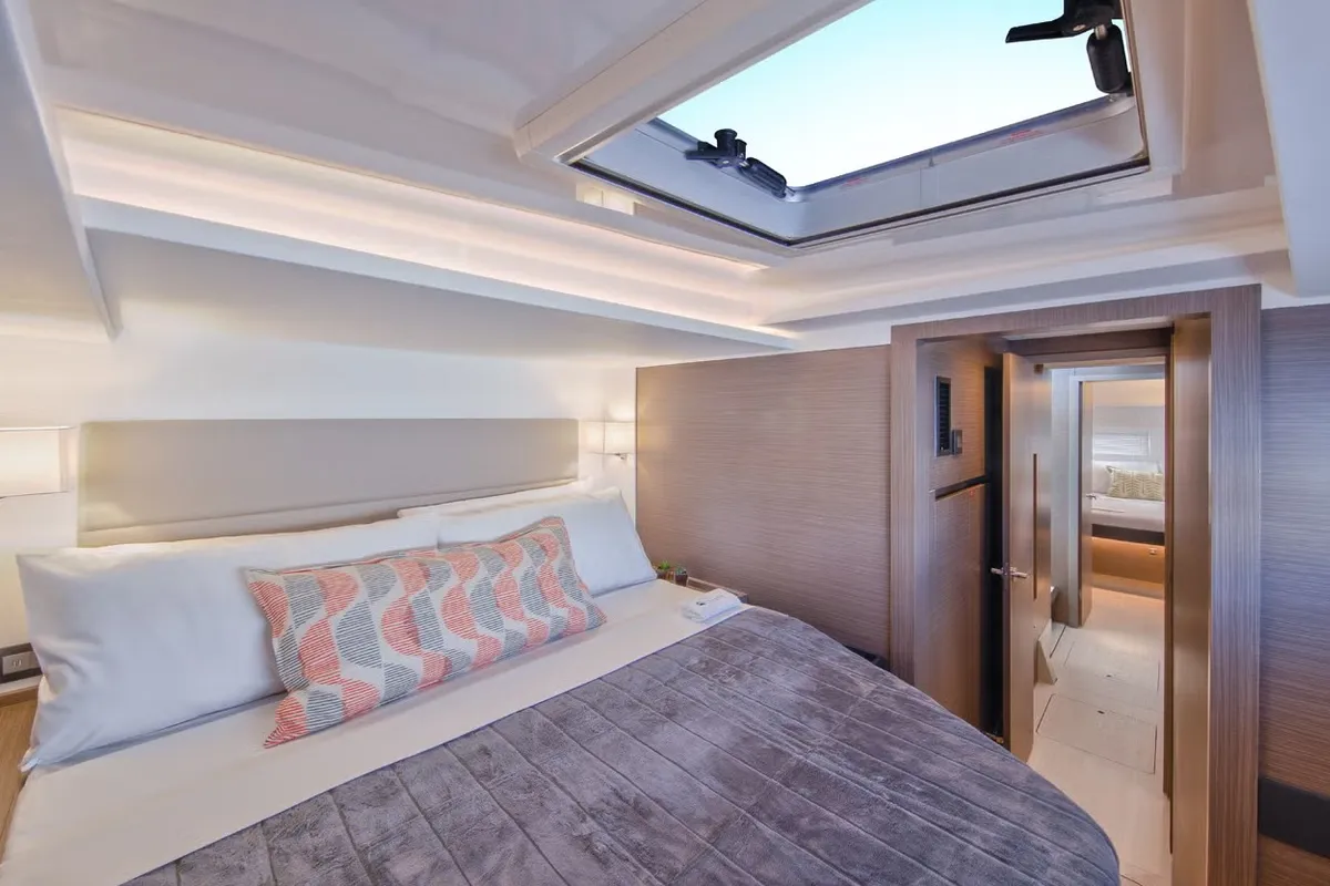 Cabin on Premium, a Leopard 46PC catamaran at Cogolin, France