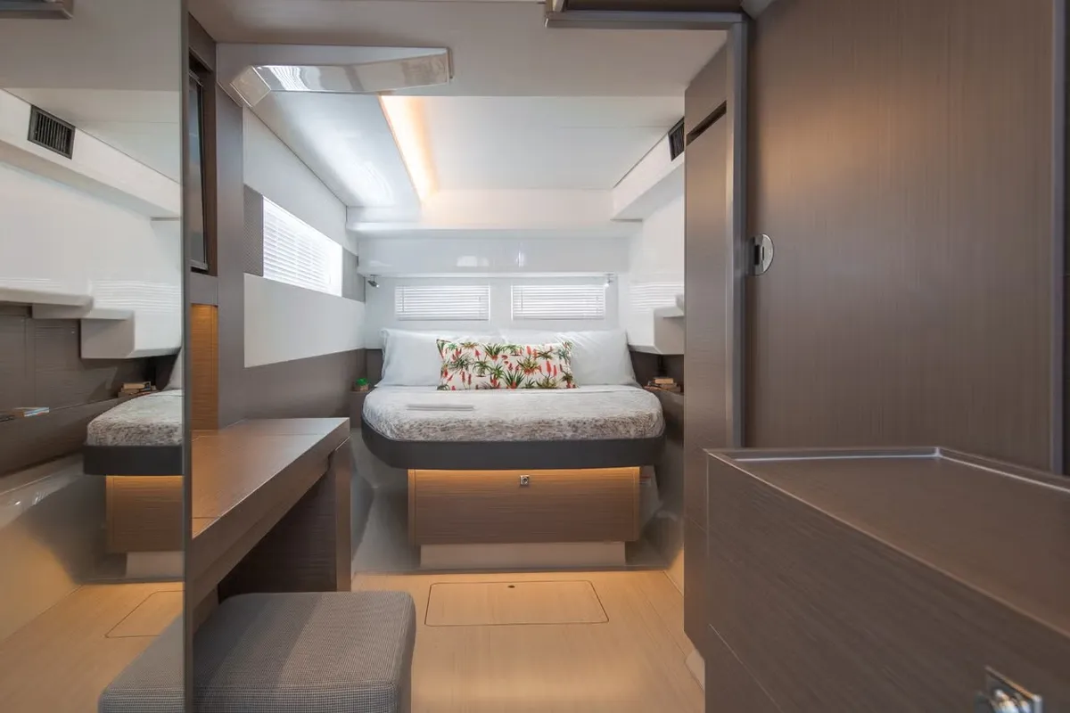 Cabin on Premium, a Leopard 46PC catamaran at Cogolin, France