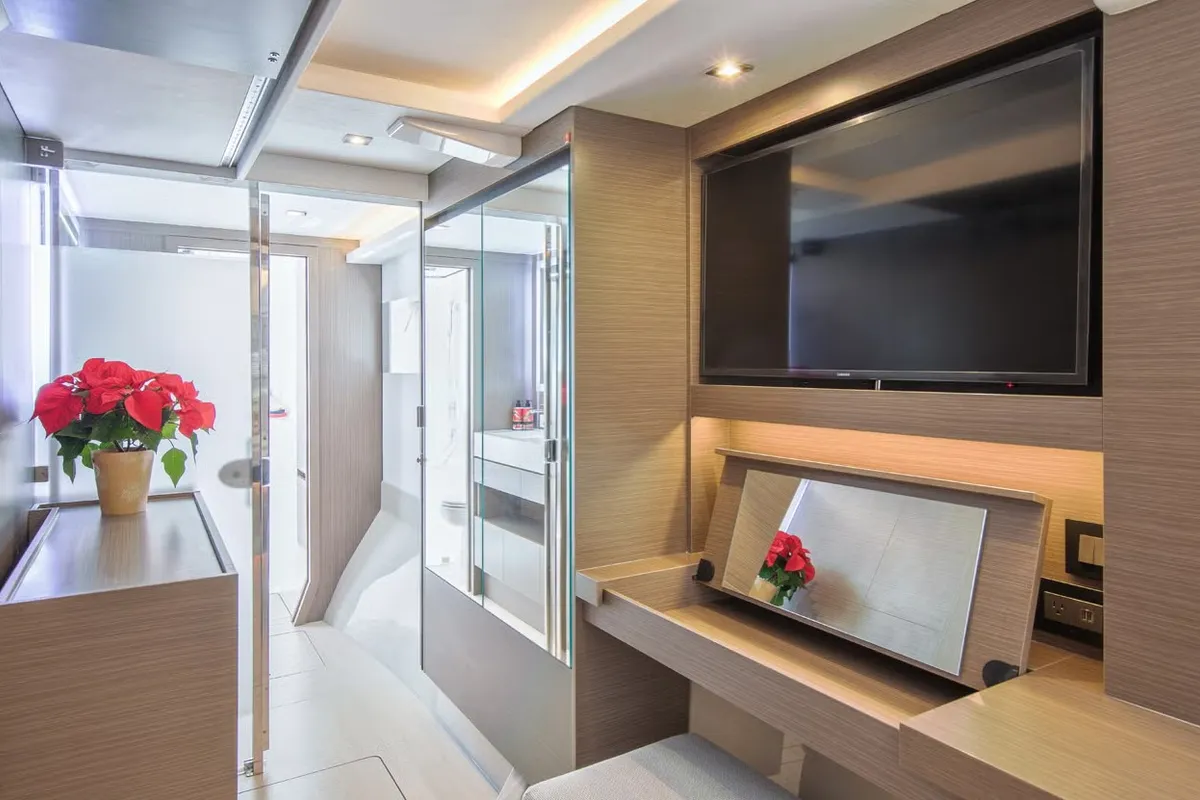 Cabin on Premium, a Leopard 46PC catamaran at Cogolin, France