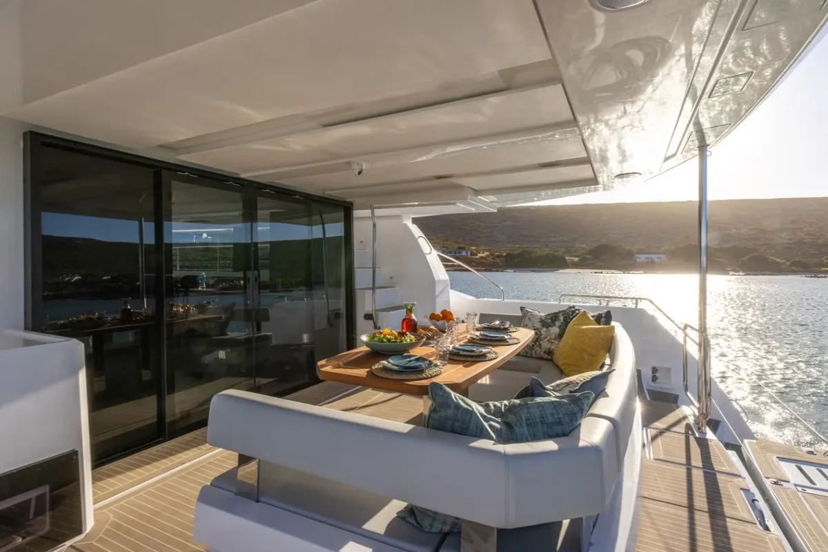 Deck of Premium, a Leopard 46PC catamaran at Cogolin, France