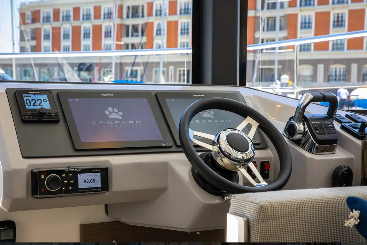 Cockpit of Premium, a Leopard 46PC catamaran at Cogolin, France