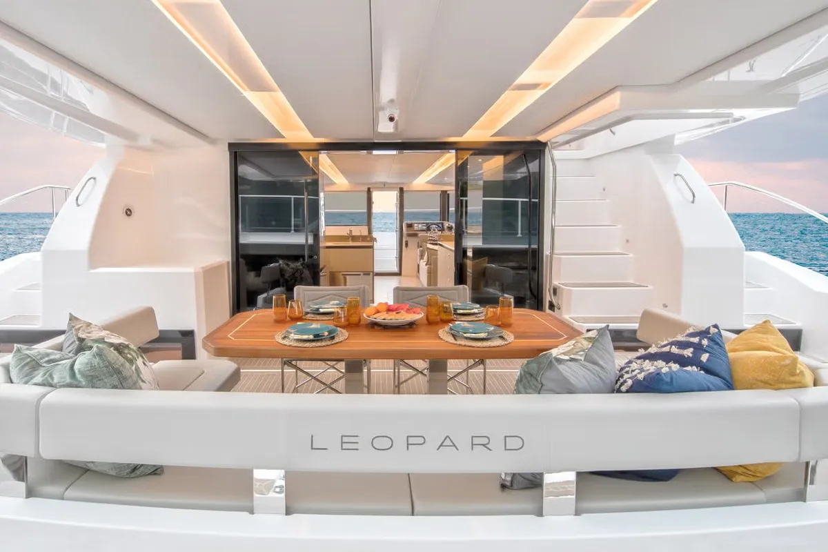 Deck of Premium, a Leopard 46PC catamaran at Cogolin, France
