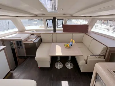 Salon of Laja, a Fountaine Pajot Isla 40 catamaran at Palma de Mallorca, Spain