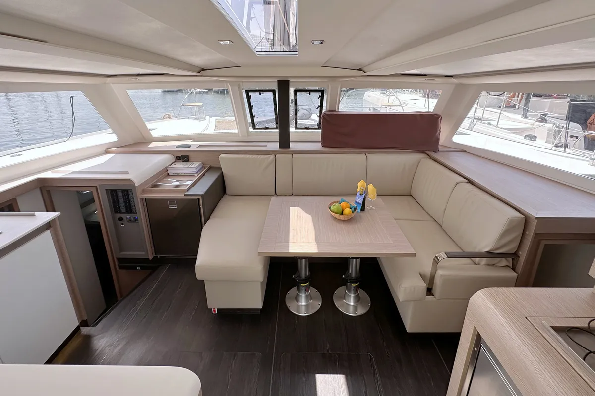 Salon of Laja, a Fountaine Pajot Isla 40 catamaran at Palma de Mallorca, Spain