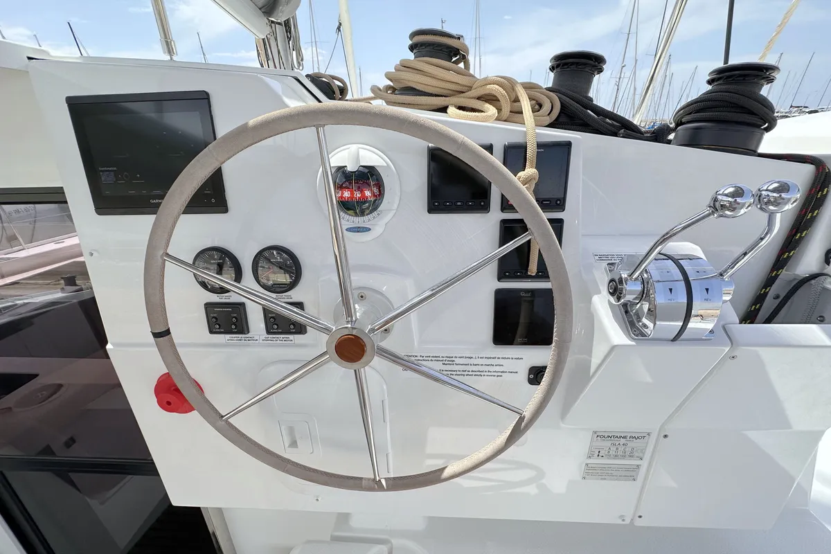 Cockpit of Laja, a Fountaine Pajot Isla 40 catamaran at Palma de Mallorca, Spain