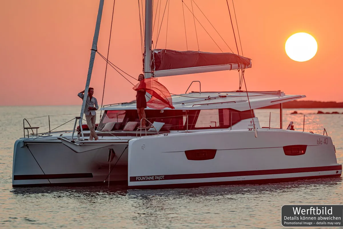 Exterior view of Laja, a Fountaine Pajot Isla 40 catamaran at Palma de Mallorca, Spain