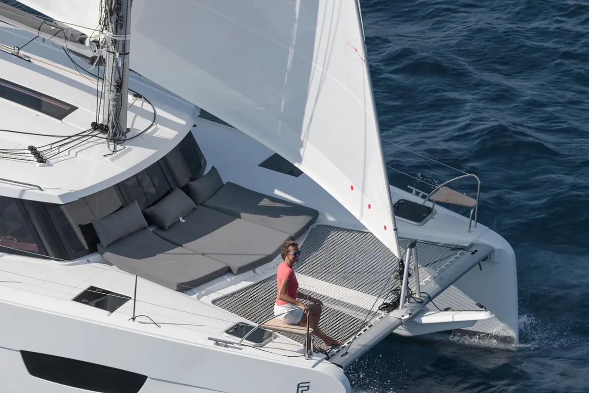 Exterior view of Laja, a Fountaine Pajot Isla 40 catamaran at Palma de Mallorca, Spain