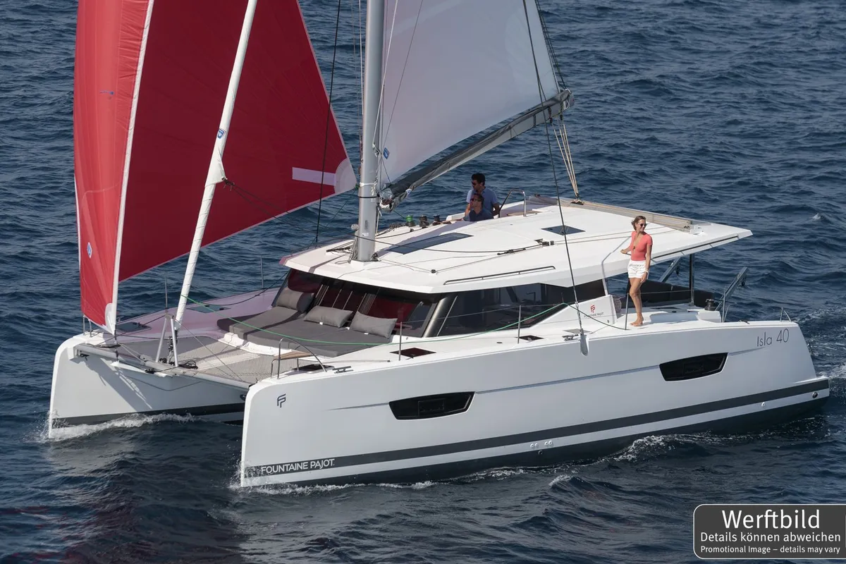 Exterior view of Laja, a Fountaine Pajot Isla 40 catamaran at Palma de Mallorca, Spain