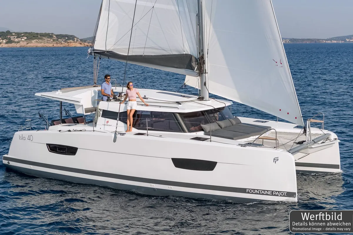 Exterior view of Laja, a Fountaine Pajot Isla 40 catamaran at Palma de Mallorca, Spain