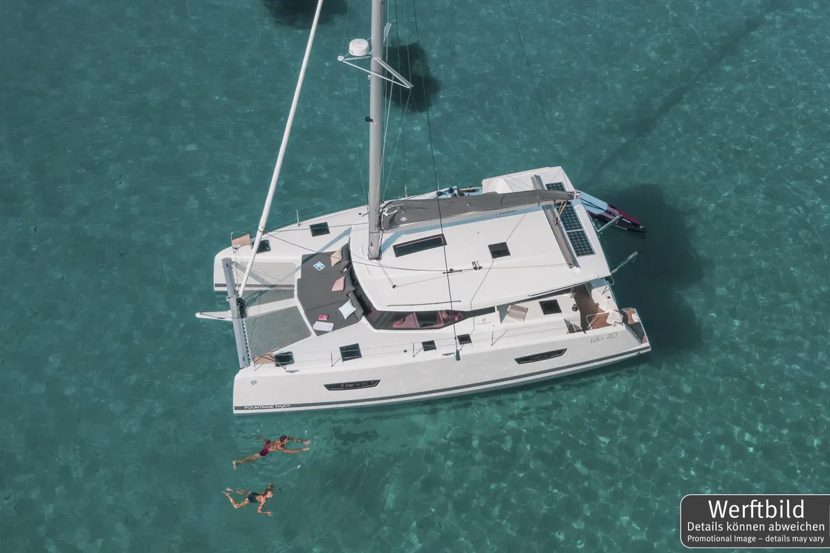 Exterior view of Laja, a Fountaine Pajot Isla 40 catamaran at Palma de Mallorca, Spain