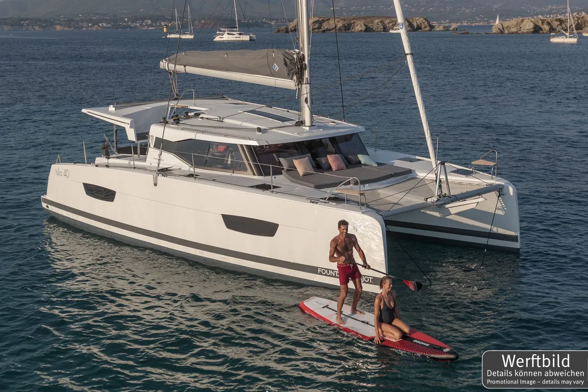 Exterior view of Laja, a Fountaine Pajot Isla 40 catamaran at Palma de Mallorca, Spain