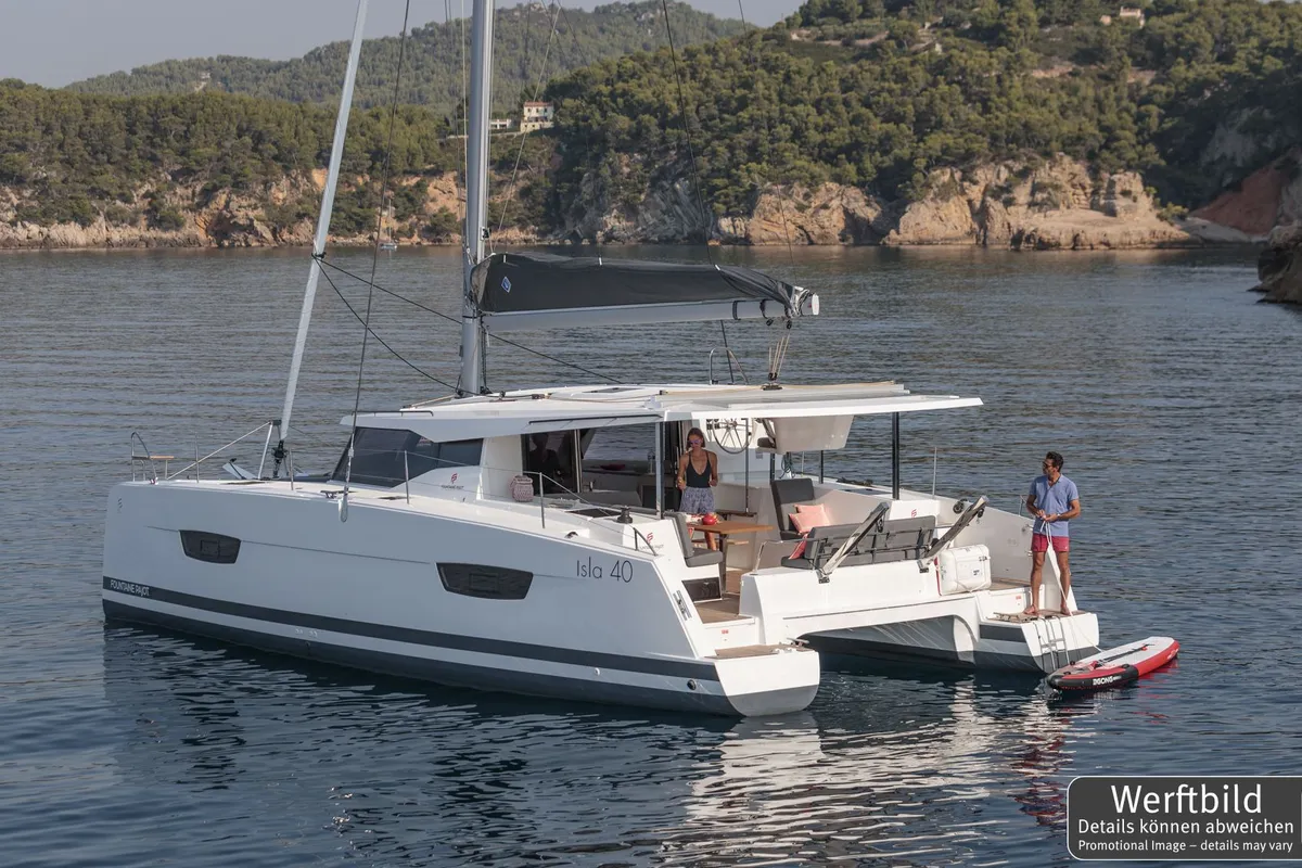 Exterior view of Laja, a Fountaine Pajot Isla 40 catamaran at Palma de Mallorca, Spain