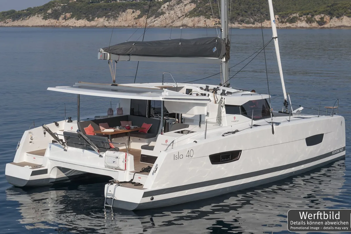 Exterior view of Laja, a Fountaine Pajot Isla 40 catamaran at Palma de Mallorca, Spain