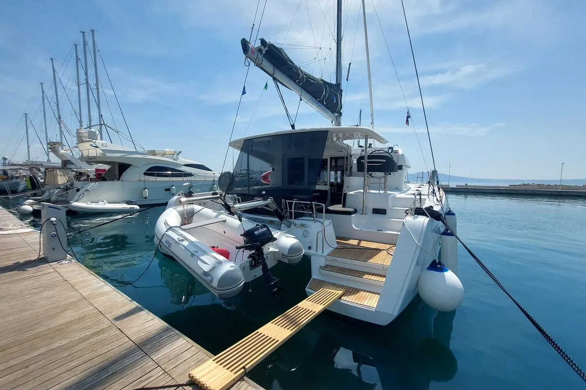 Exterior view of Paco, a Lagoon 40 catamaran at Novi Vinodolski, Croatia