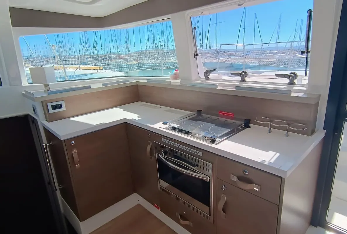 Galley of BETA, a Bali 4.2 catamaran at Capo d'Orlando, Italy