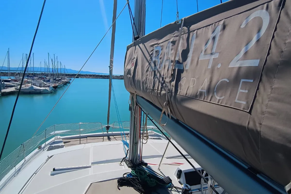 Exterior view of BETA, a Bali 4.2 catamaran at Capo d'Orlando, Italy