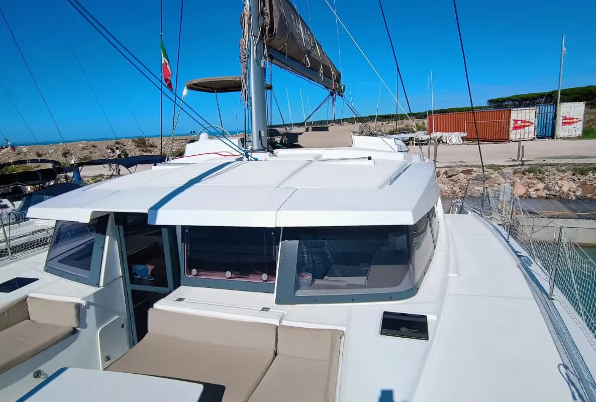 Exterior view of BETA, a Bali 4.2 catamaran at Capo d'Orlando, Italy