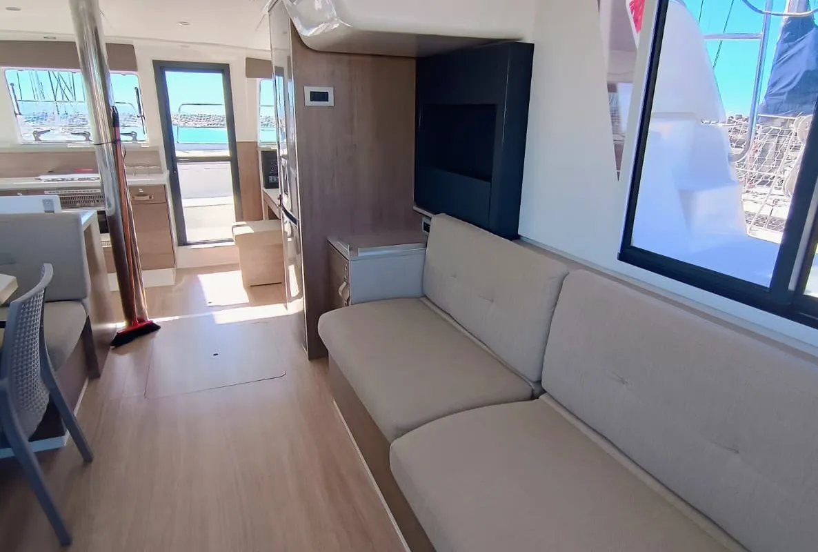 Salon of BETA, a Bali 4.2 catamaran at Capo d'Orlando, Italy