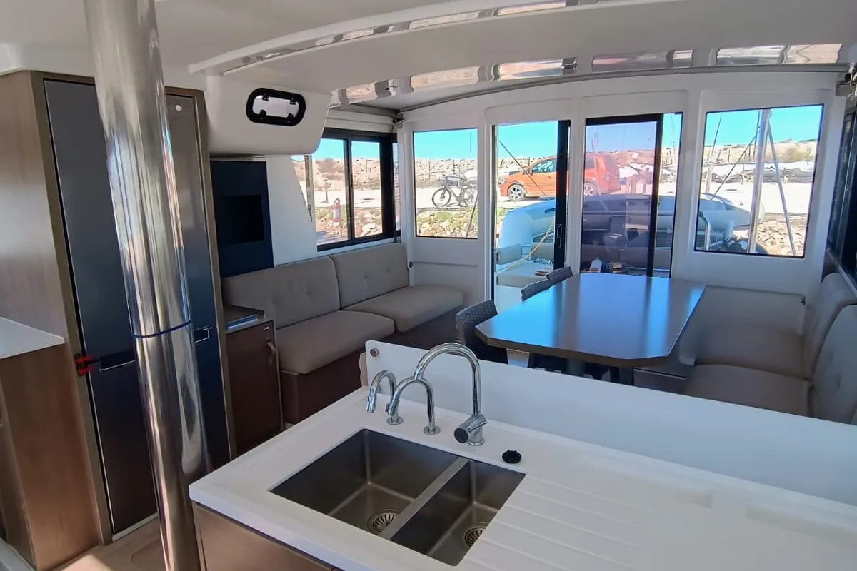 Salon of BETA, a Bali 4.2 catamaran at Capo d'Orlando, Italy