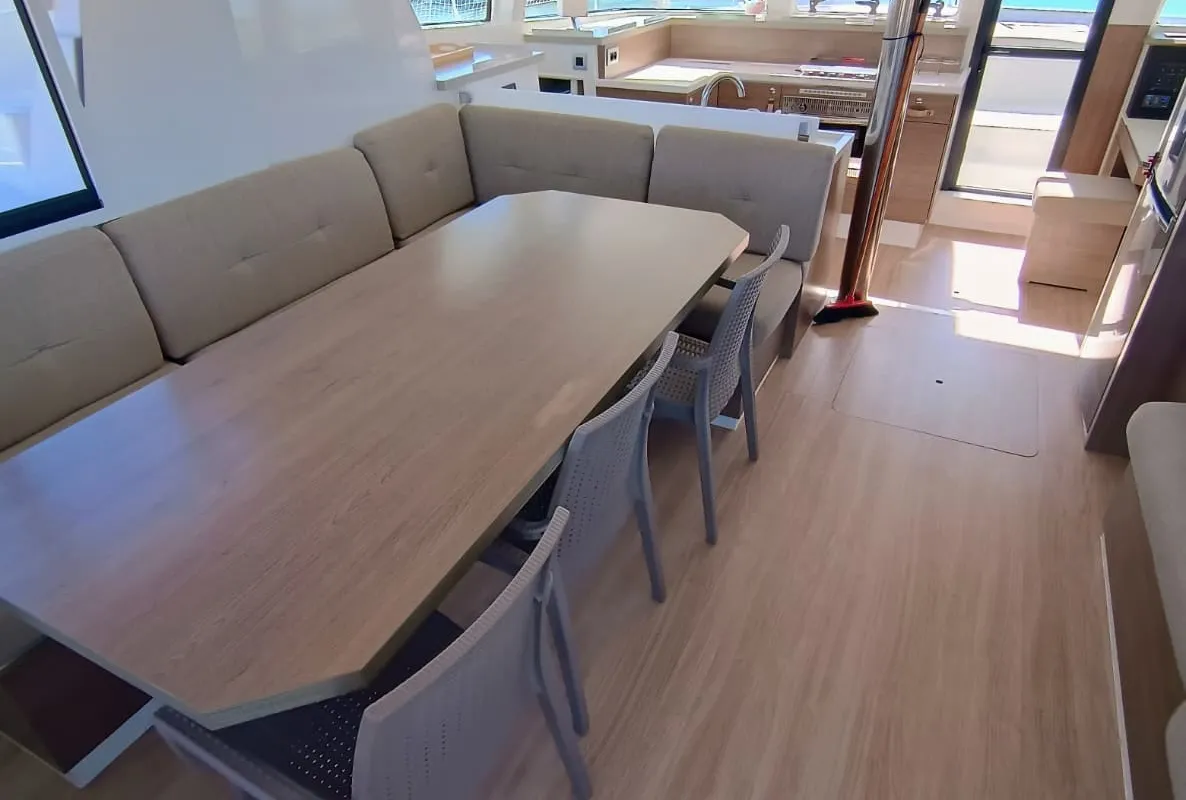 Salon of BETA, a Bali 4.2 catamaran at Capo d'Orlando, Italy