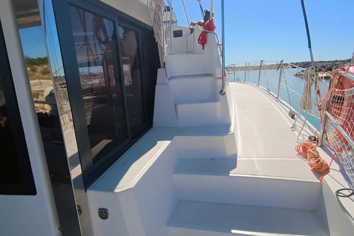 Deck of BETA, a Bali 4.2 catamaran at Capo d'Orlando, Italy