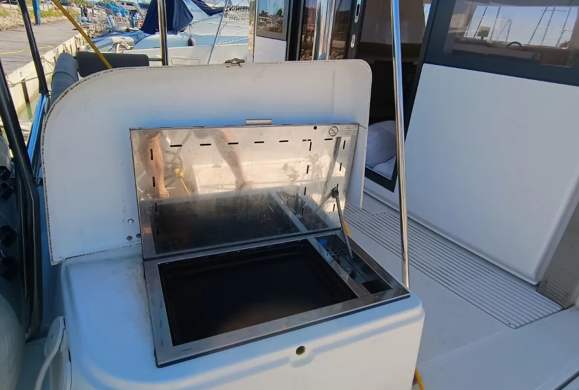 Deck of BETA, a Bali 4.2 catamaran at Capo d'Orlando, Italy
