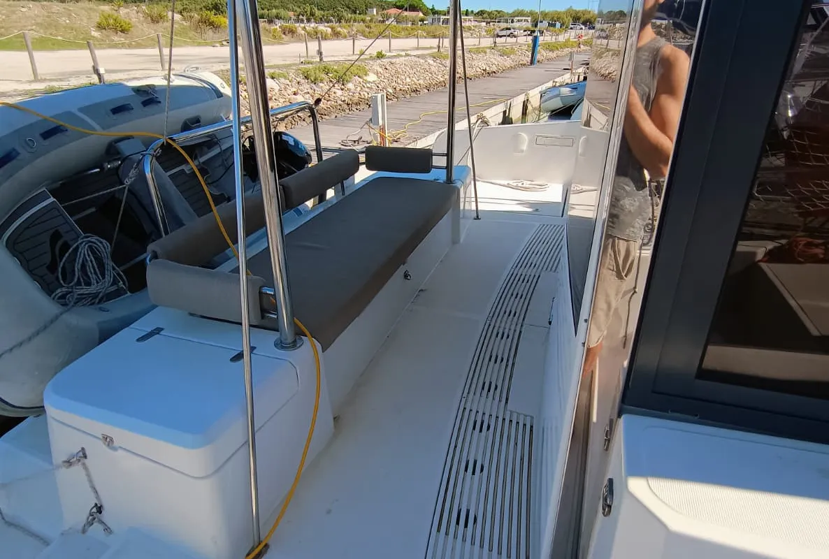 Deck of BETA, a Bali 4.2 catamaran at Capo d'Orlando, Italy