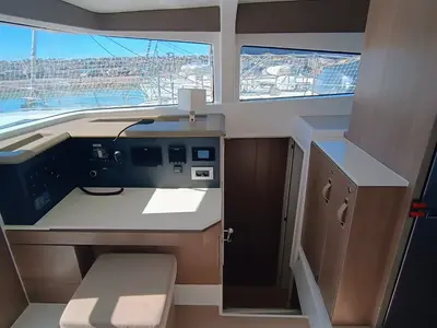 Cockpit of BETA, a Bali 4.2 catamaran at Capo d'Orlando, Italy