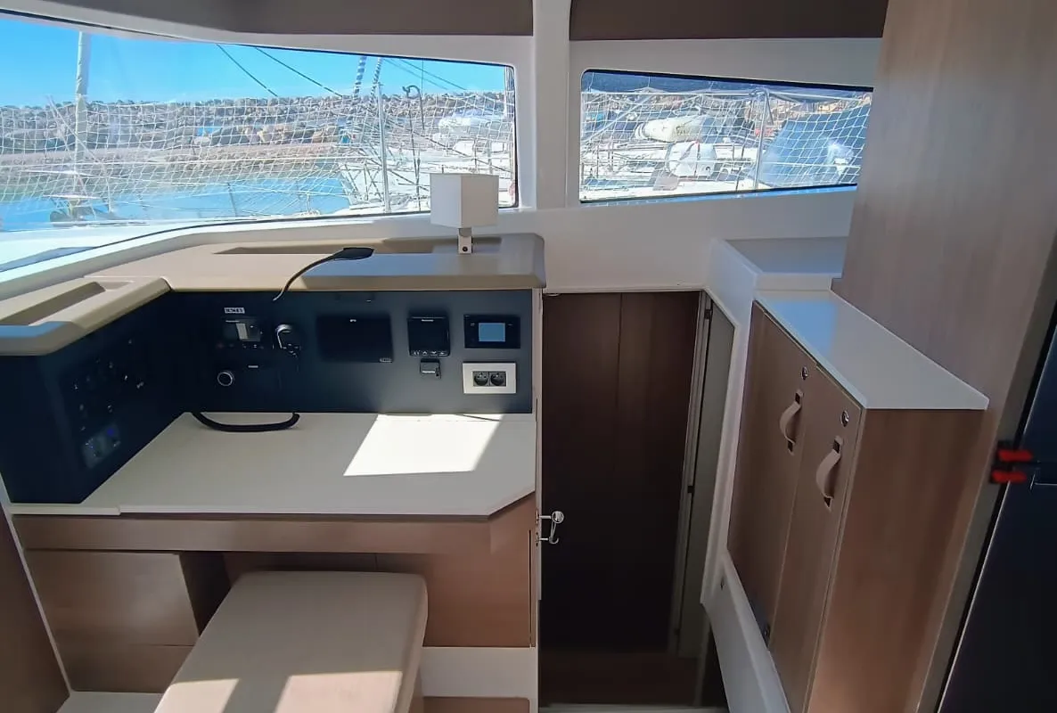 Cockpit of BETA, a Bali 4.2 catamaran at Capo d'Orlando, Italy