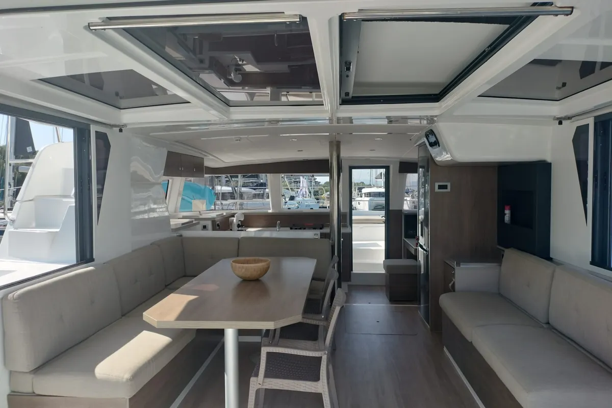 Salon of BETA, a Bali 4.2 catamaran at Capo d'Orlando, Italy