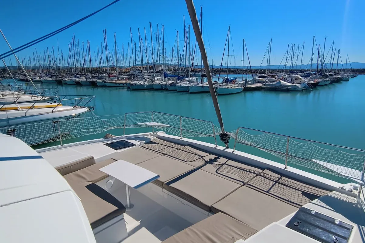 Deck of BETA, a Bali 4.2 catamaran at Capo d'Orlando, Italy