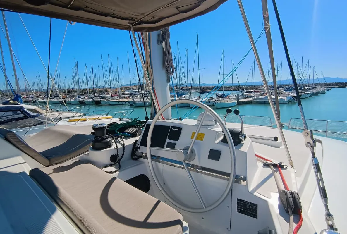 Cockpit of BETA, a Bali 4.2 catamaran at Capo d'Orlando, Italy