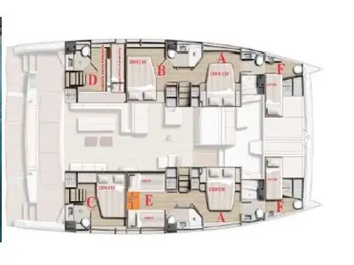 Floor plan of Osteodes, a Bali 5.4 catamaran at Olbia, Italy